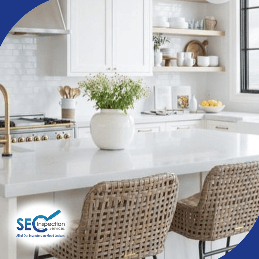 Bright modern kitchen with white cabinets, large island, and wicker bar stools.