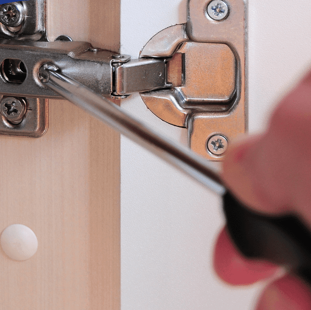 Technician tightening cabinet hinge screws.