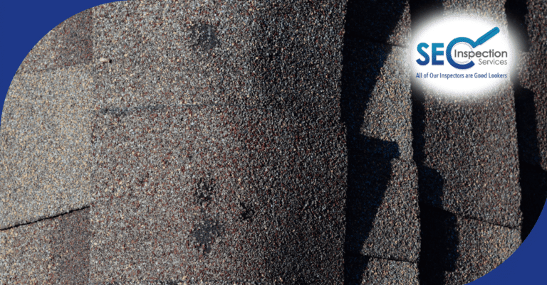 Close-up of asphalt shingles with hail impact marks, showing roof damage inspection