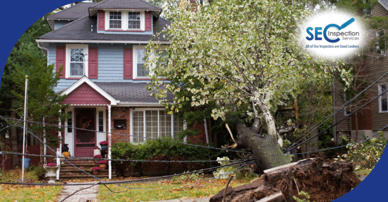 Tree fallen onto the roof of a home