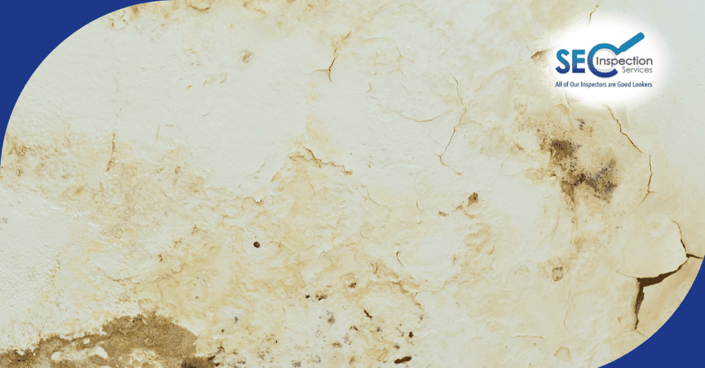 Wall with peeling paint and water damage near the corner, showing signs of mold growth.