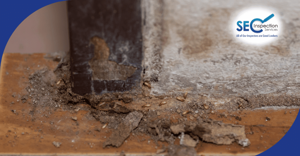 Termites crawling near damaged wood and soil debris inside a house corner.
