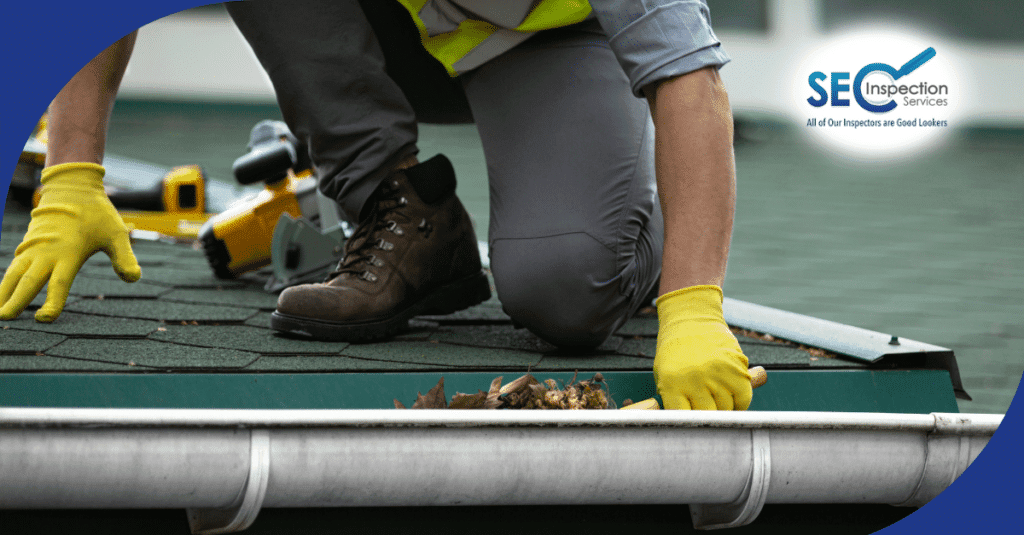 Worker cleaning debris from roof gutter while wearing gloves and boots.