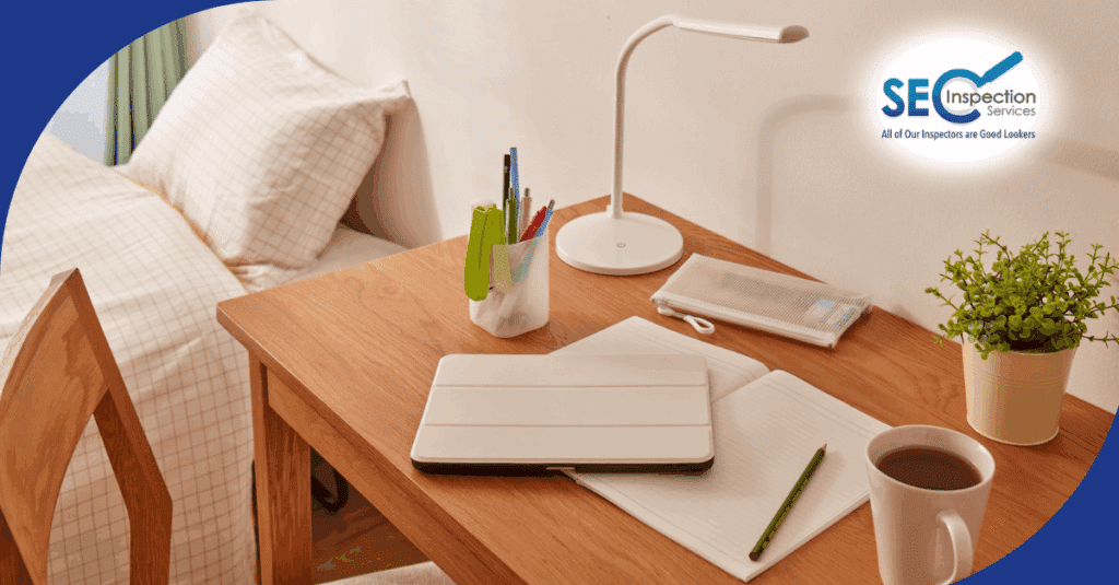 Neatly arranged wooden desk with tablet, notebook, and coffee next to a cozy bed.