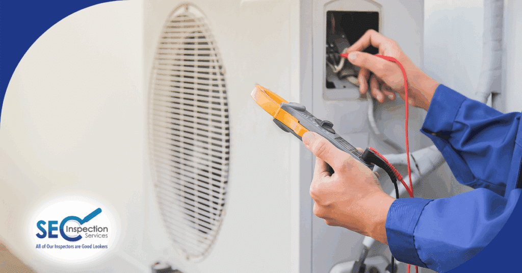 Inspector testing an HVAC unit with electrical tools.
