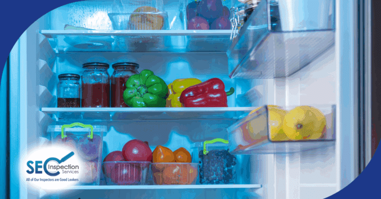 Refrigerator shelves with jars, peppers, fruits, and fresh produce.