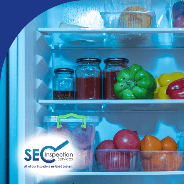 Refrigerator shelves with jars, peppers, fruits, and fresh produce.
