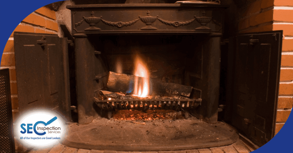 Fireplace with burning logs and a glowing fire inside an antique cast iron stove.