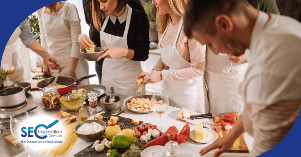 Group of people cooking together in a kitchen, preparing a meal with fresh ingredients and enjoying the process.