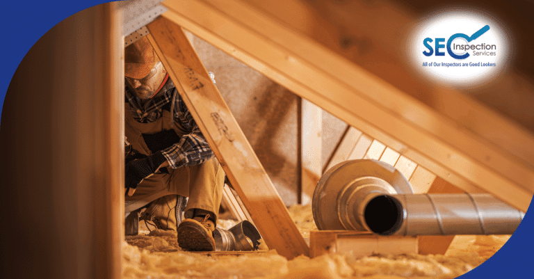 Home inspector examining attic insulation and ductwork during a residential inspection.