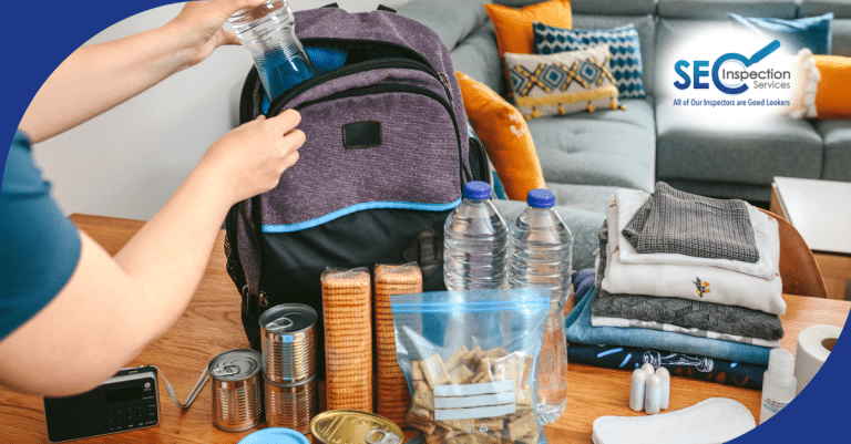 Person packing emergency supplies into a backpack, including water, canned food, and clothing.