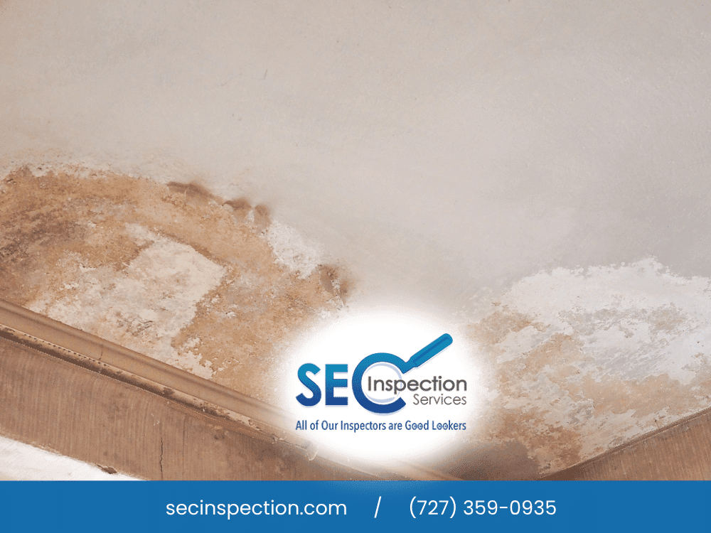 Water damage and peeling paint on the ceiling, potentially indicating a leak or moisture issue.