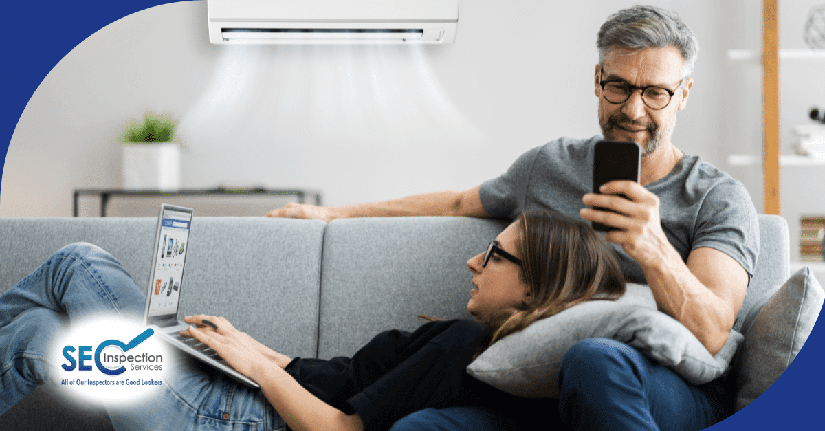 Couple using a smartphone and laptop to control their indoor air conditioning system.