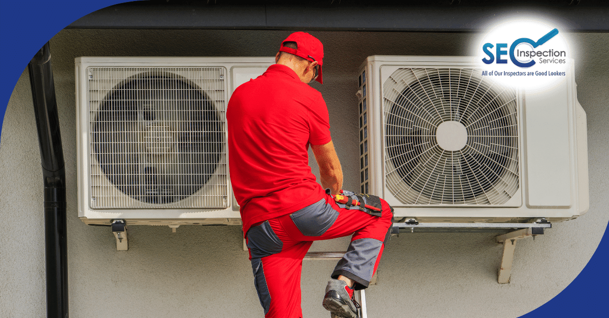 Technician in red uniform inspecting dual outdoor HVAC units mounted on a wall.