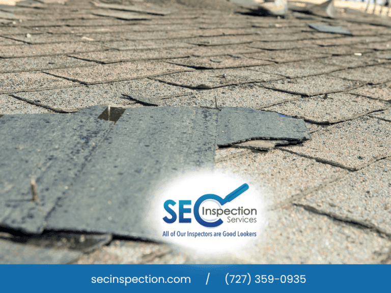 Damaged shingles and flashing on a roof.