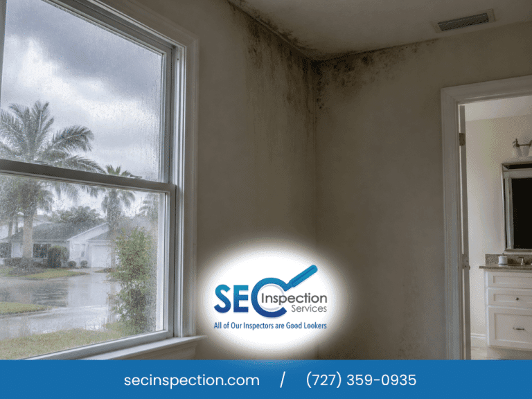 Interior wall with visible mold growth and moisture staining.
