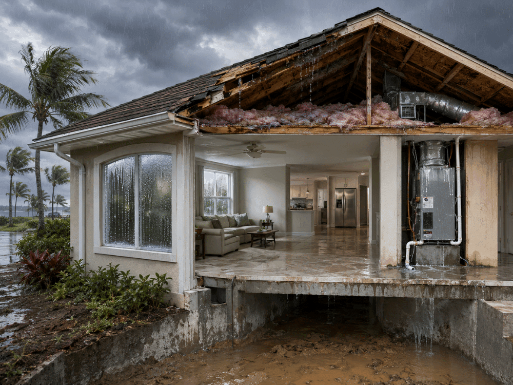 Storm-damaged Florida home showing roof and structural damage.