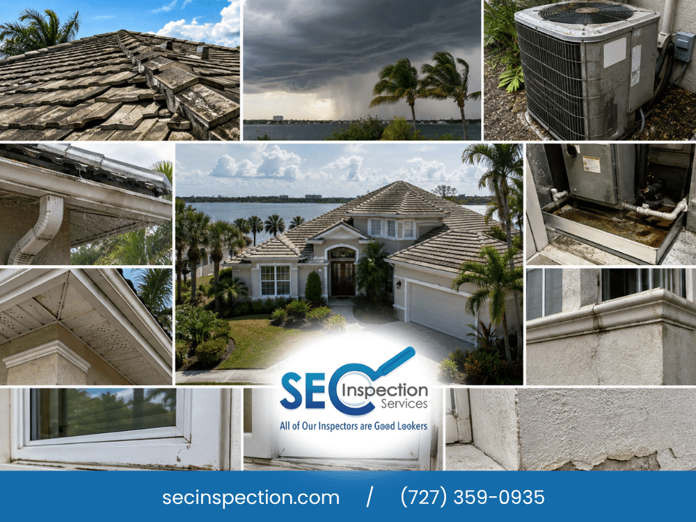 Florida home inspection collage showing roof, HVAC, gutters, and exterior conditions.