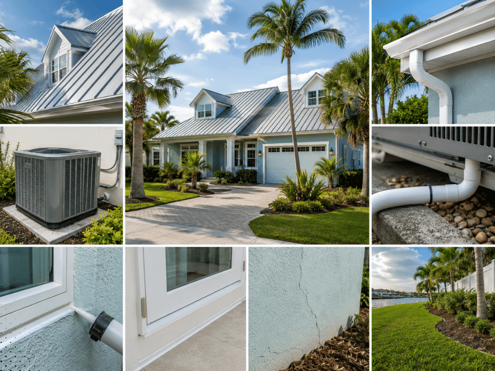 Florida home inspection collage showing roof, HVAC, drainage, windows, and exterior features.